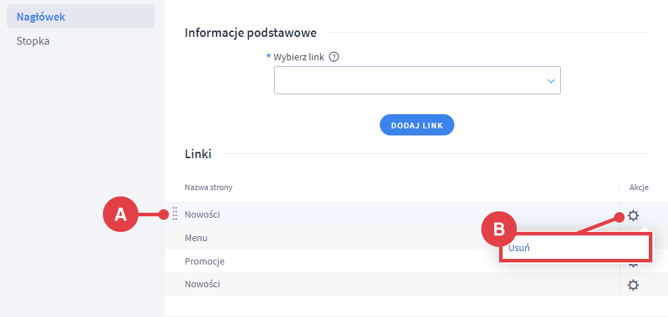 Panel administracyjny sklepu > Wygląd i treści > Linki w nagłówku i stopce > Nagłówek > Link > Nowości > Akcje