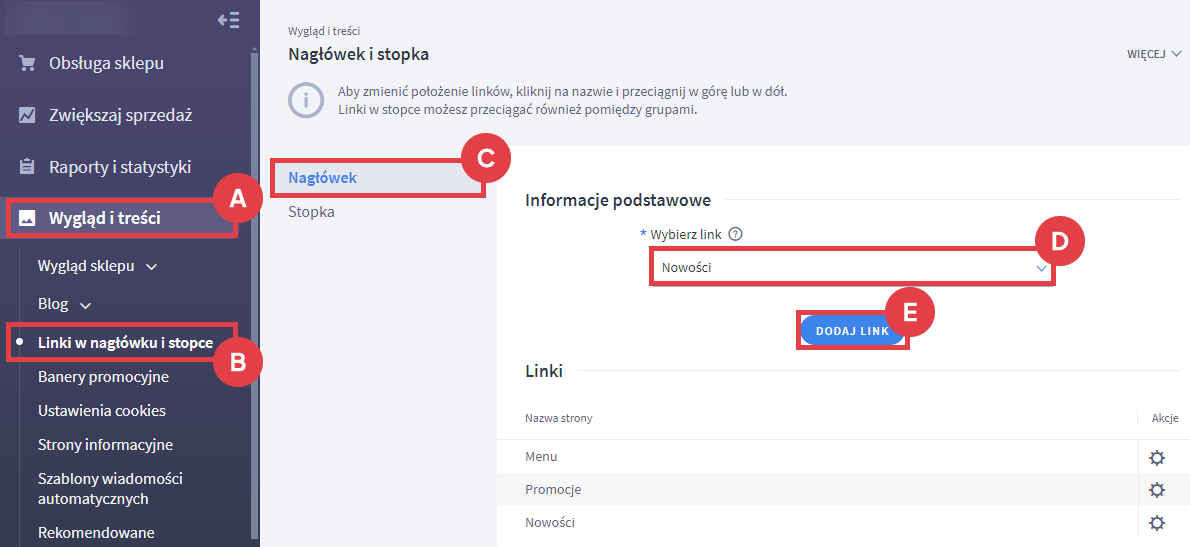 Panel administracyjny sklepu > Wygląd i treści > Linki w nagłówku i stopce > Nagłówek > Link > Nowości
