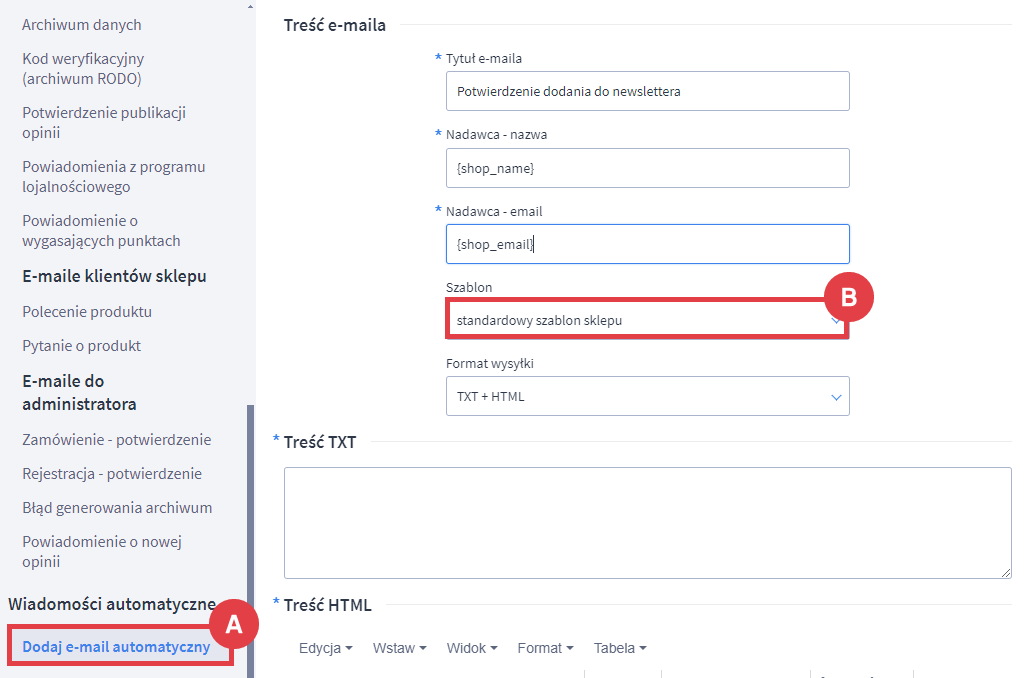 Panel administracyjny sklepu > Wygląd i treści > Szablony wiadomości automatycznych > Dodaj e-mail automatyczny