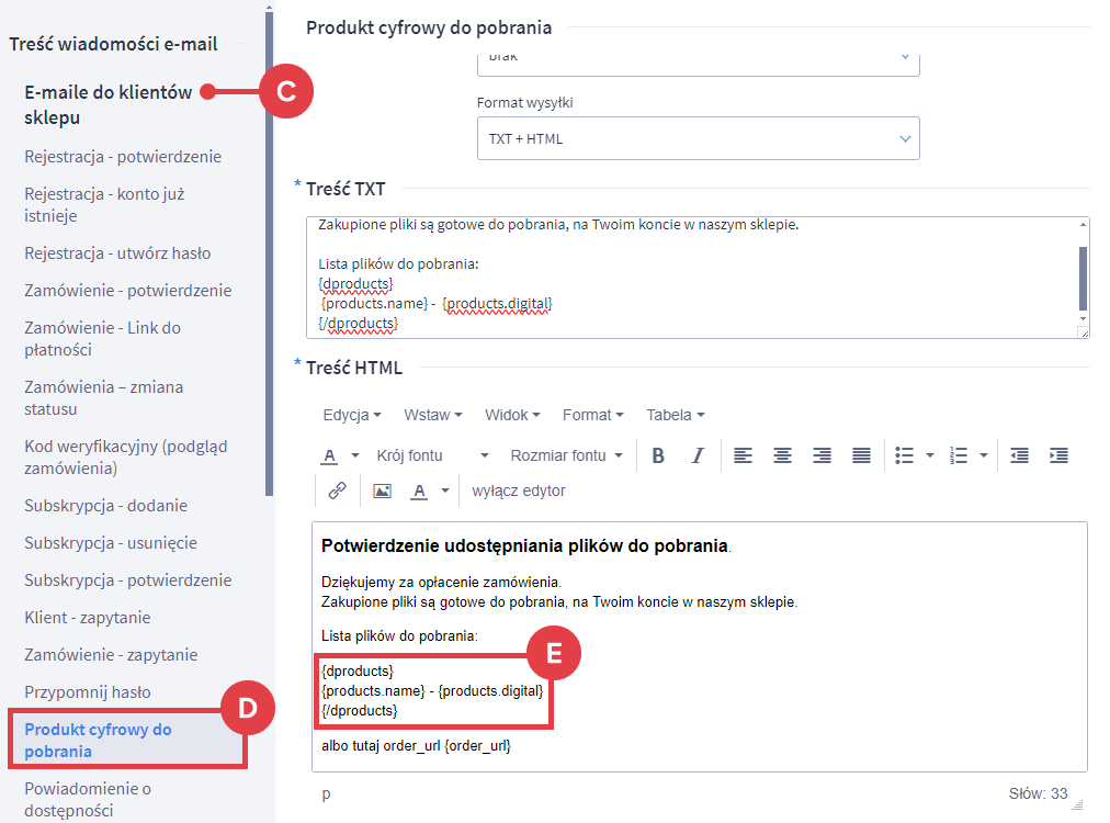 Panel administracyjny sklepu > Wygląd i treści > Szablony wiadomości automatycznych > E-maile do klientów sklepu > Produkt cyfrowy do pobrania > Treść HTML