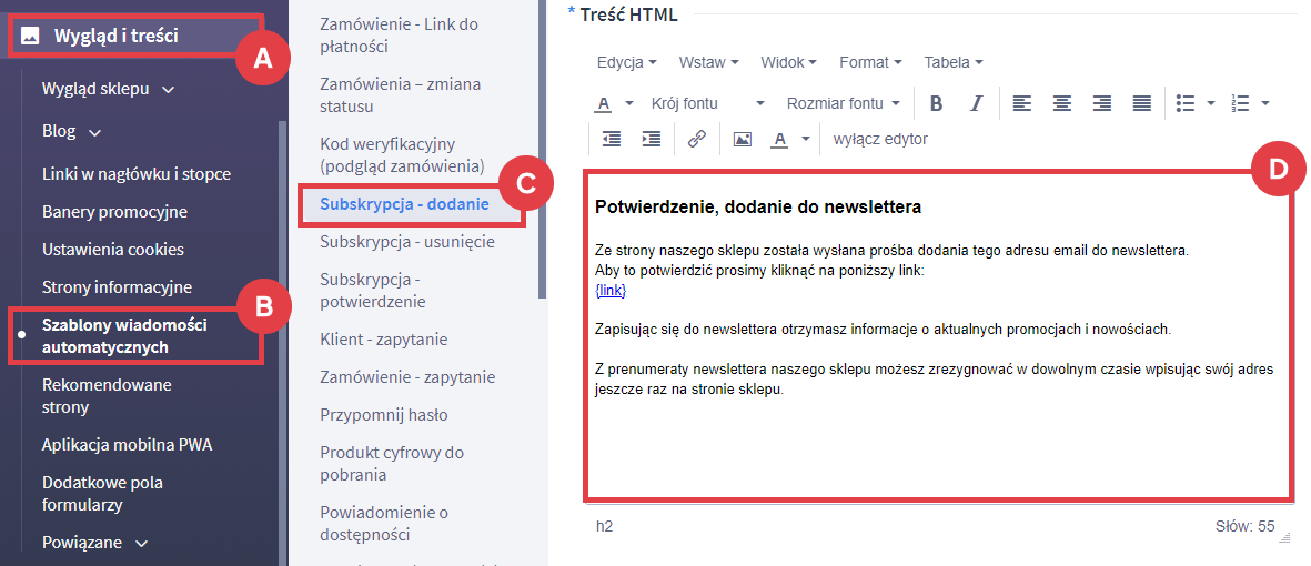 Panel administracyjny sklepu > Wygląd i treści > Szablony wiadomości automatycznych > Subskrypcja - dodanie