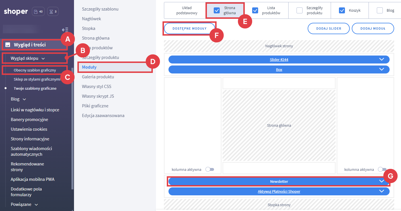 Panel administracyjny sklepu > Wygląd i treści > Wygląd sklepu > Obecny szablon graficzny > Moduły > Dostępne moduły > Newsletter