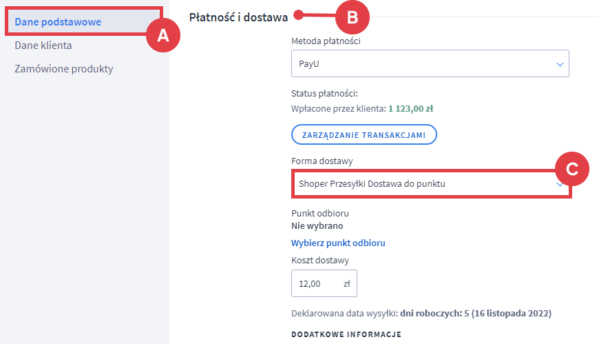 Panel administracyjny sklepu > Obsługa zamówień > Zamówienia > Edycja > Dane podstawowe > Płatność i dostawa > Forma dostawy