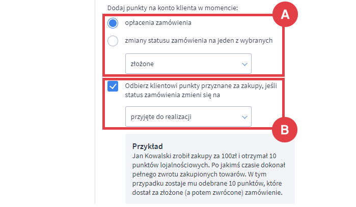 Zdecyduj, w którym momencie klient otrzyma punkty na swoje konto Panel administracyjny sklepu > Zwiększaj sprzedaż > Program lojalnościowy > Przyznawanie i zarządzanie punktami > Zakupy w sklepie > Moment dodawania punktów na konto klienta