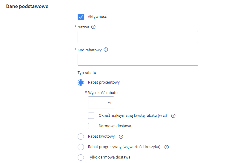 Panel administracyjny sklepu > Zwiększaj sprzedaż > Promocje i rabaty > Kupony rabatowe > Dodaj kupon rabatowy > Dane podstawowe