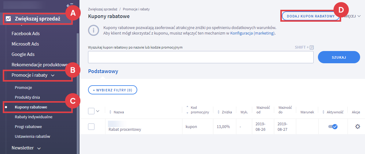 Panel administracyjny sklepu > Zwiększaj sprzedaż > Promocje i rabaty > Kupony rabatowe > Dodawanie kuponu rabatowego