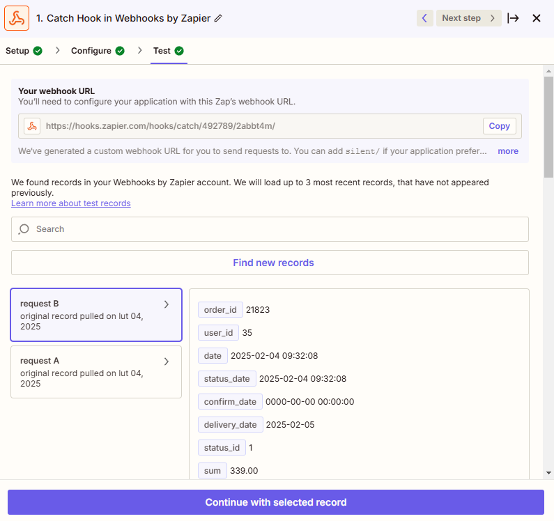 Wykonaj test w Zapier i pobierz przykładowe dane Wykonaj test w Zapier i pobierz przykładowe dane