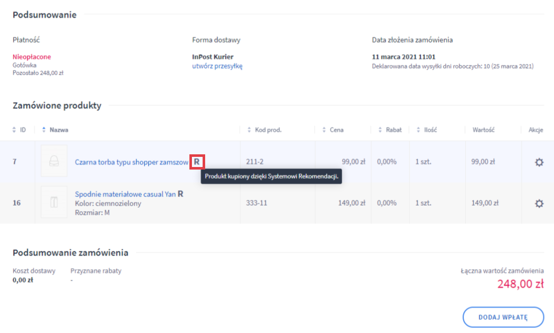 Panel administracyjny sklepu > Obsługa sklepu > Zamówienia > Podgląd zamówienia > Lista produktów z Systemu Rekomendacji