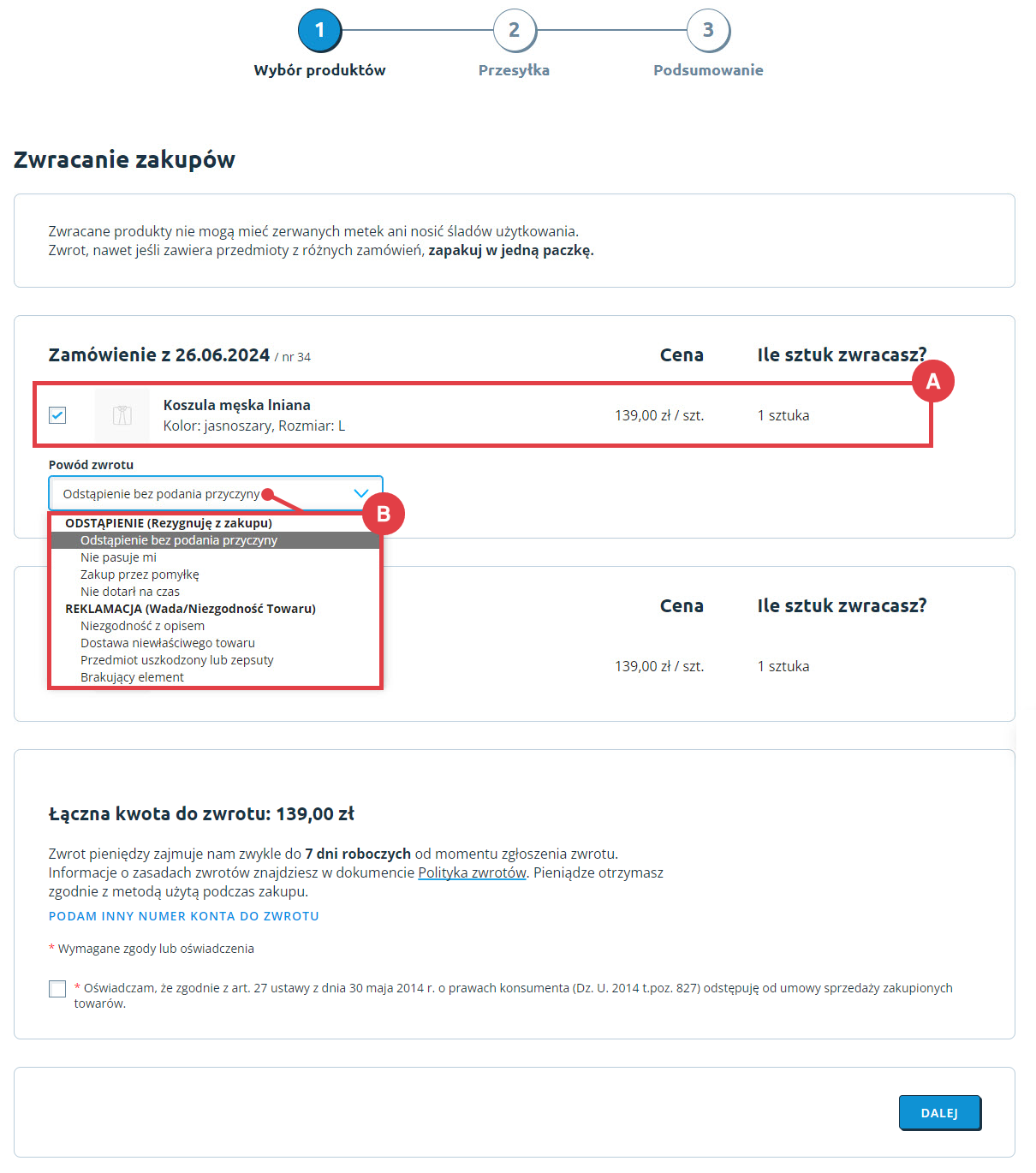 Panel Shoper Zwroty z perspektywy kupującego > Formularz zwrotu > Wybór produktów