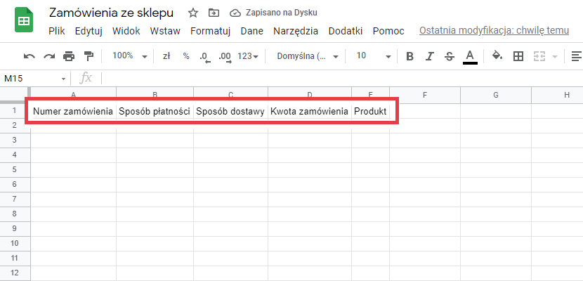 Przykładowy widok arkusza z zamówieniami ze sklepu internetowego Arkusz Excel > Zamówienia ze sklepu > Wiersz