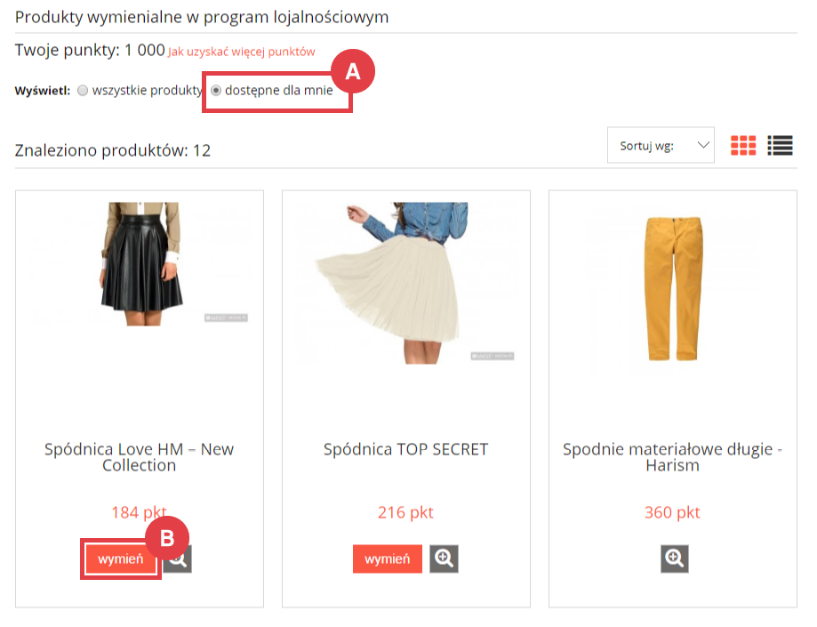 Wymień punkty na dostępny produkt Strona sklepu internetowego > Produkty wymienialne w programie lojalnościowym