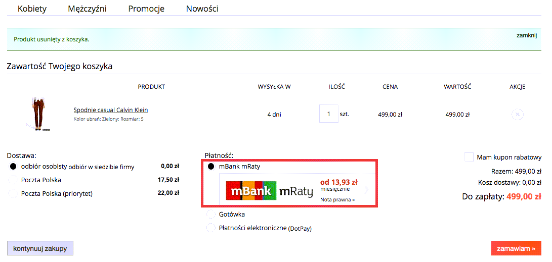 Podczas zakupu produktu powyżej 300 zł klient ma możliwość wybrania płatności ratalnej od mBanku Strona sklepu > Zawartość koszyka klienta > Płatność mBank mRaty