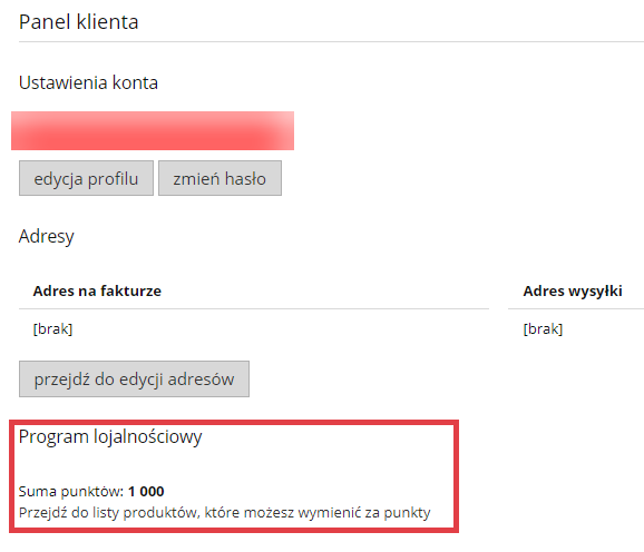 Przykładowy widok punktów zdobytych przez klienta w programie lojalnościowym Panel klienta w sklepie > Twoje zamówienia > Program lojalnościowy > Suma punktów