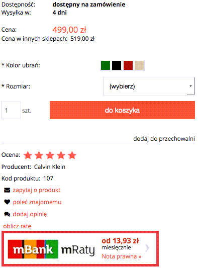 Przykładowy widok płatności mBank mRaty na karcie produktu w sklepie Strona sklepu > Karta produktu > Płatność mRaty