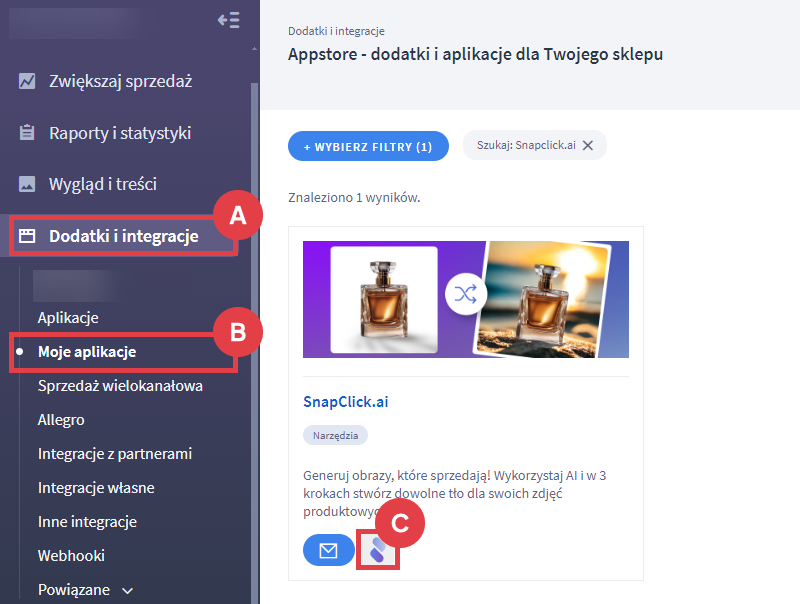 Po prawidłowej instalacji przejdź do ustawień aplikacji Snapclick.ai Panel administracyjny sklepu > Dodatki i integracje > Moje aplikacje > Snapclick.ai