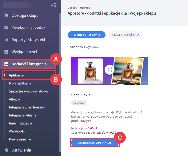 Skorzystaj z aplikacji do generowania atrakcyjnych obrazów produktów w sklepie za pomocą AI Panel administracyjny sklepu > Dodatki i integracje > Aplikacje > Snapclick.ai