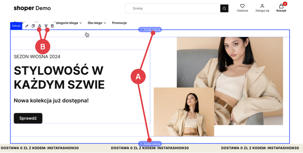 Dodawanie nowej sekcji do układu strony w edytorze Shoper Storefront