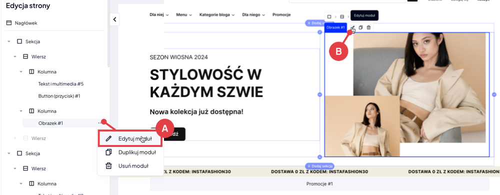 Kliknij ikonę ołówka przy module, aby przejść do jego edycji w Shoper Storefront Jak wybrać moduł do edycji w Shoper Storefront?