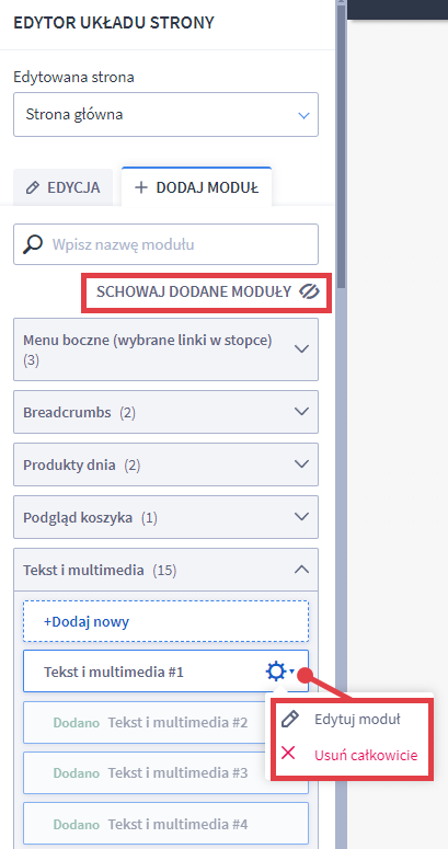 Po kliknięciu na koło zębate przy module, wyświetlone zostaną opcje edycji oraz usunięcia modułu Struktura strony oraz edycja modułów w Shoper Storefront