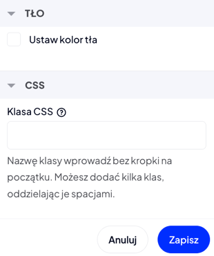 Parametry kolumny w sekcjach: TŁO oraz CSS
