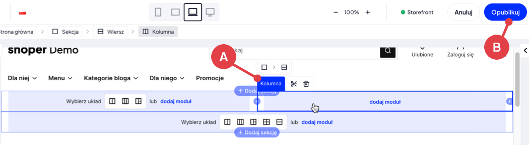 Nowa kolumna w wierszu w Shoper Visual Editor