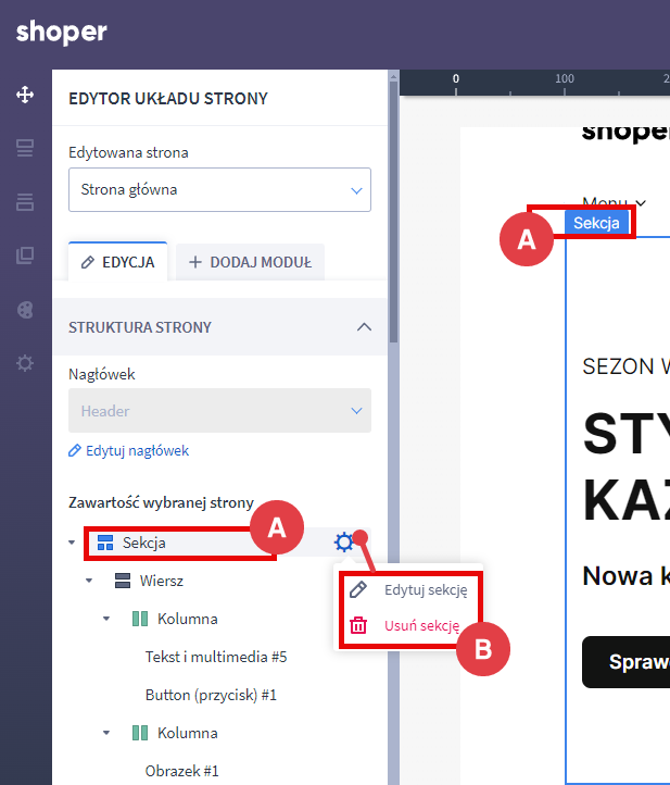 Przechodzenie do edycji sekcji w Shoper Storefront