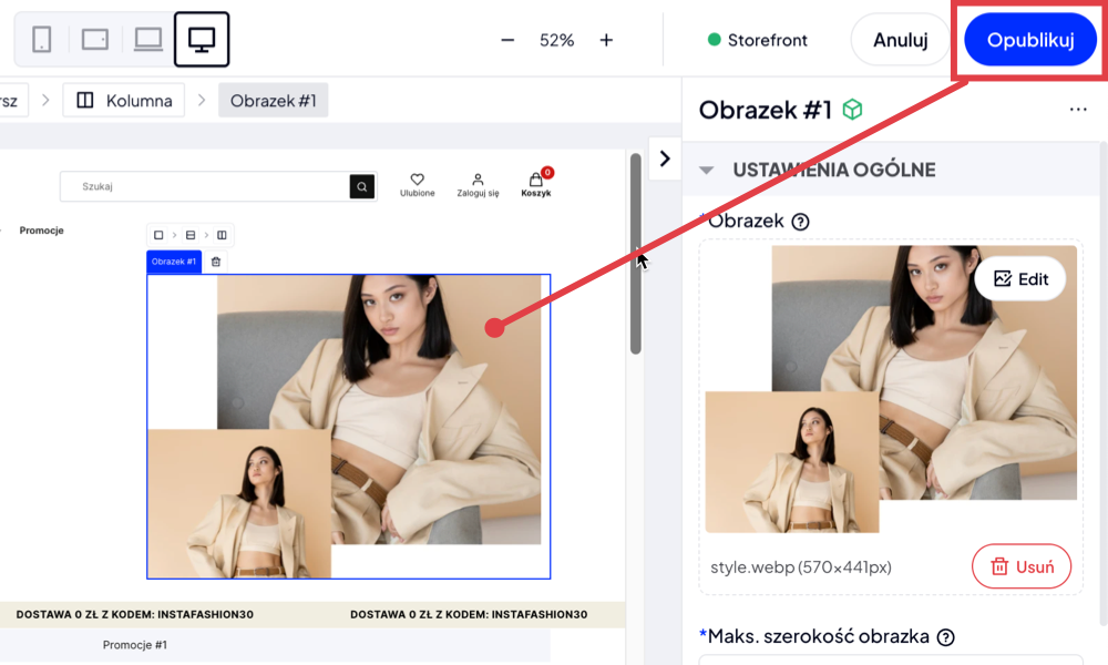 Kliknij przycisk: ZAPISZ I OPUBLIKUJ ZMIANY W UKŁADZIE (prawy górny róg ekranu) Publikacja zmian po ich wprowadzeniu w Shoper Storefront