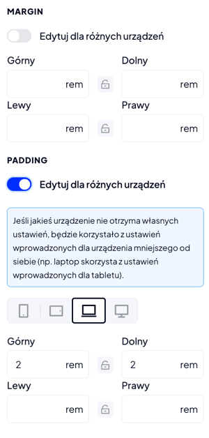 Ustawienia marginesów dla sekcji w edytorze Shoper Storefront