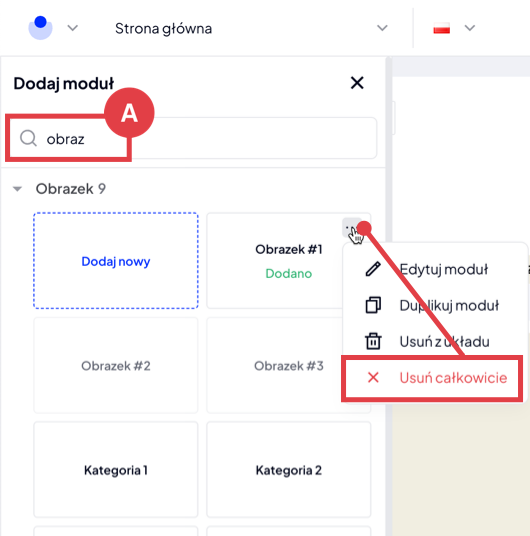 Kliknij opcję: Usuń całkowicie przy wybranym module, który chcesz usunąć Instrukcja całkowitego usuwania modułu w Shoper Storefront