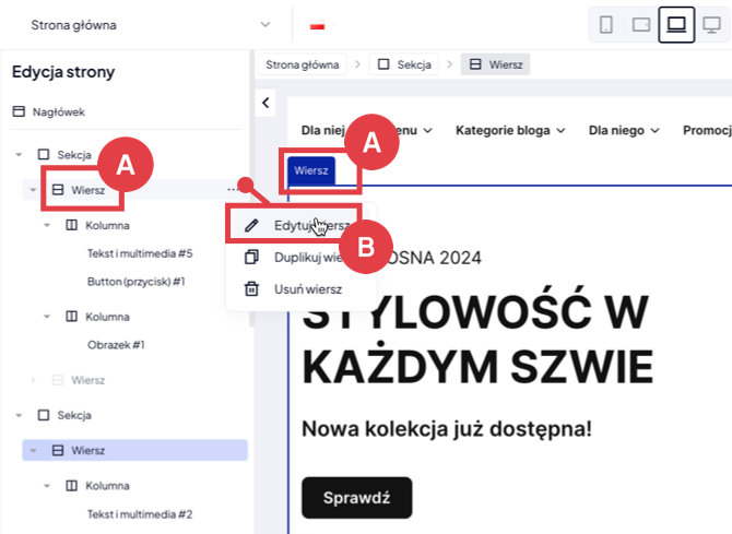 Edycja wybranego wiersza w edytorze Shoper Storefront