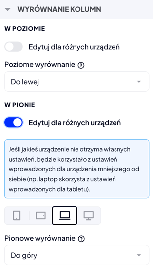 Ustawienia wyrównania kolumn w parametrach wiersza