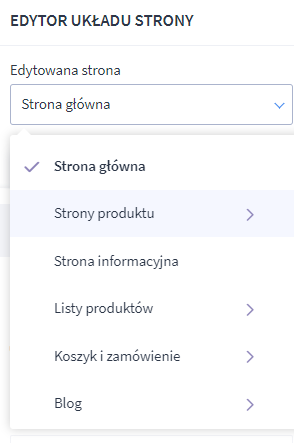 Rozwijana lista z wieloma rodzajami stron do edycji w Shoper Visual Editor