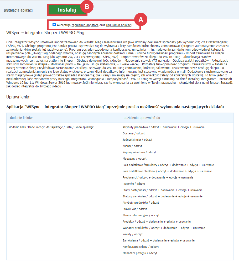 Panel administracyjny sklepu > Dodatki i integracje > Aplikacje > WfSync - integrator Shoper i WAPRO Mag > Instalacja