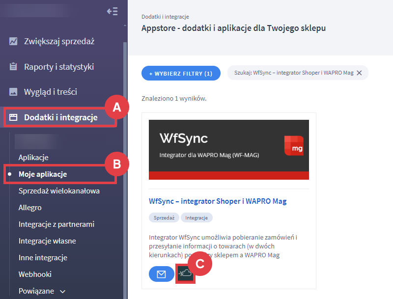 Panel administracyjny sklepu > Dodatki i integracje > Moje aplikacje > WfSync - integrator Shoper i WAPRO Mag