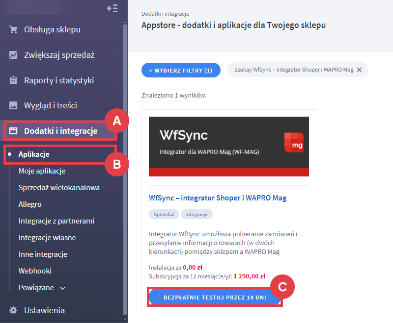 Panel administracyjny sklepu > Dodatki i integracje > Aplikacje > WfSync - integrator Shoper i WAPRO Mag
