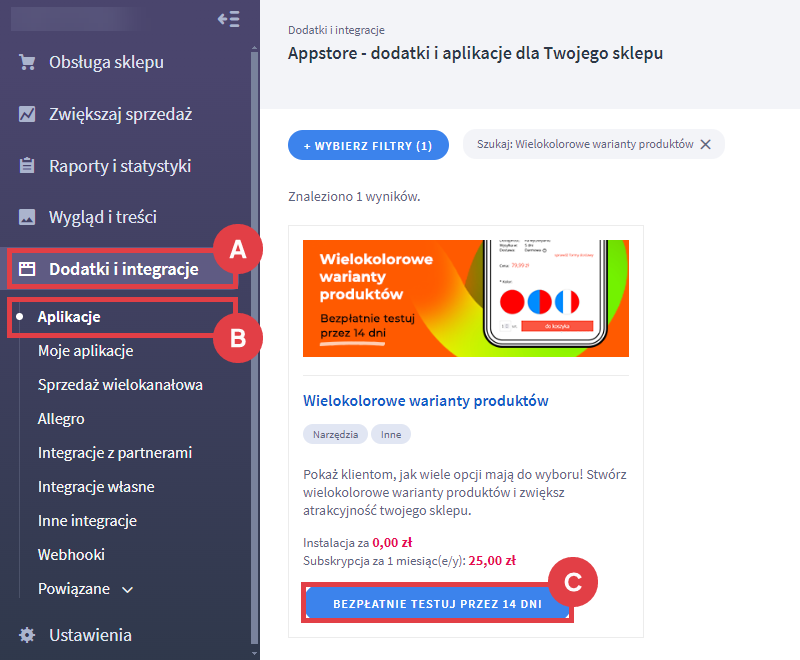 Bezpłatnie testuj aplikację Wielokolorowe warianty produktów przez okres 14 dni w sklepie Shoper Panel administracyjny sklepu > Dodatki i integracje > Aplikacje > Wielokolorowe warianty produktów