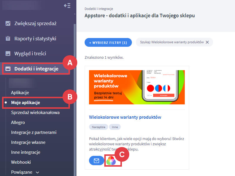 Przejdź do ustawień aplikacji i włącz wyświetlanie na karcie produktu wielokolorowe kafelki wariantów Panel administracyjny sklepu > Dodatki i integracje > Moje aplikacje > Wielokolorowe warianty produktów