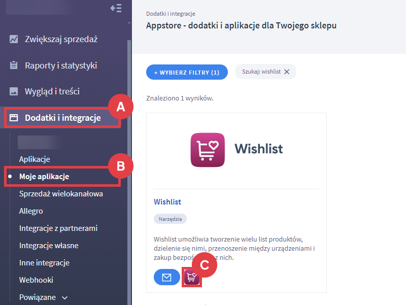 Panel administracyjny sklepu > Dodatki i integracje > Moje aplikacje > Wishlist