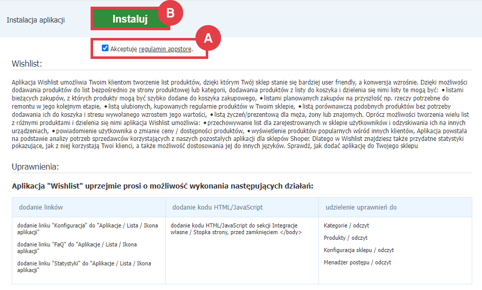 Panel administracyjny sklepu > Dodatki i integracje > Aplikacje > Wishlist > Instalacja