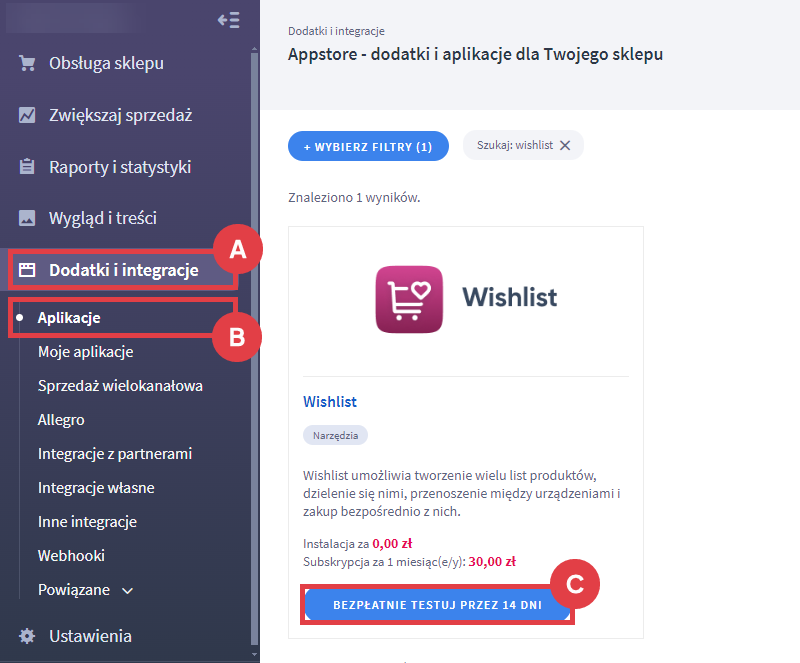 Panel administracyjny sklepu > Dodatki i integracje > Aplikacje > Wishlist