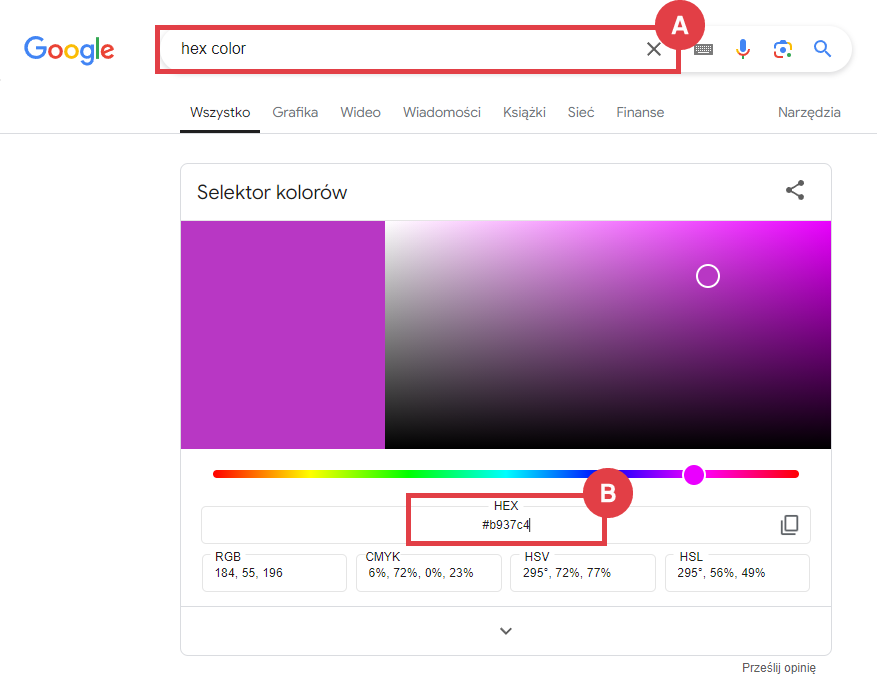 Wyszukiwarka Google > Próbnik kolorów (hex color)