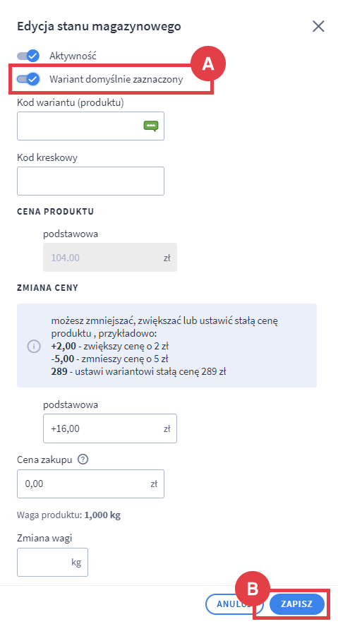Aktywuj wariant domyślny, przesuwając suwak Edycja produktu > Warianty > Magazynowe