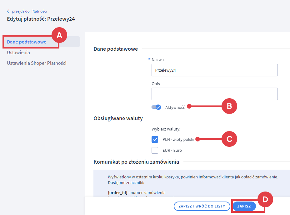 Edycja płatności Przelewy24 zakładka Dane podstawowe