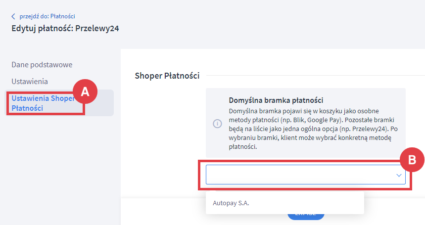 Edycja płatności Przelewy24 zakładka Ustawienia Shoper Płatności