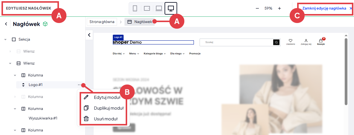 Tryb edycji nagłówka w edytorze Shoper Storefront Jakie opcje są dostępne podczas edycji nagłówka w Shoper Storefront?