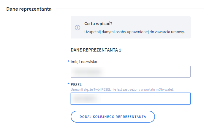 Tworzenie konta Przelewy24 - Dane reprezentanta w formularzu aktywacyjnym