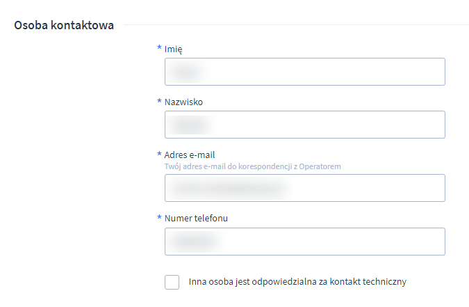 Tworzenie konta Przelewy24 - Osoba kontaktowa w formularzu aktywacyjnym