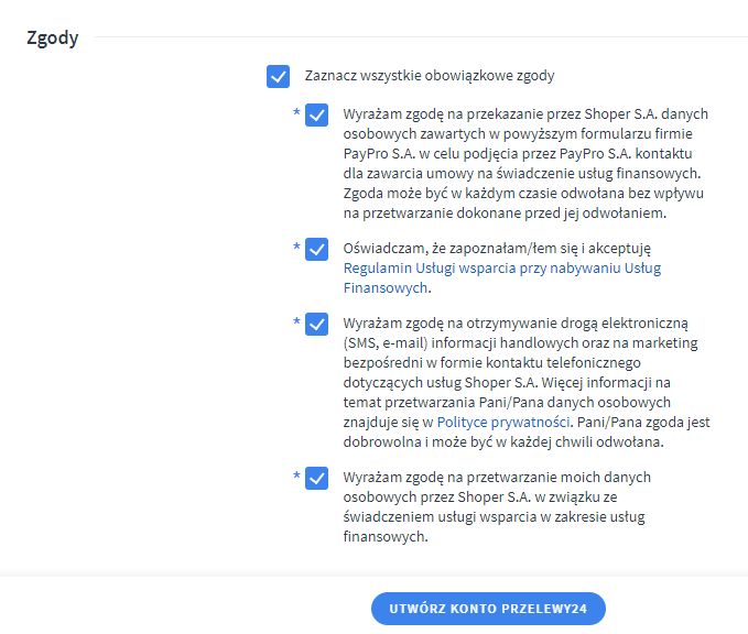 Tworzenie konta Przelewy24 - Zgody w formularzu aktywacyjnym