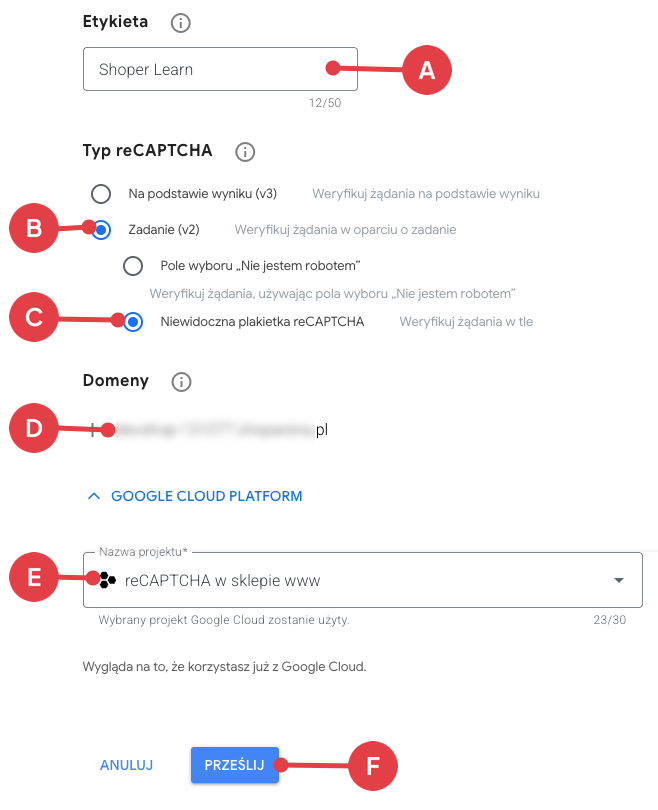Google > reCAPTCHA > v3 Admin Console > Witryna