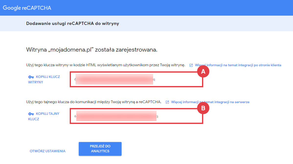 Skopiuj wygenerowane klucze w panelu Google reCAPTCHA Google > reCAPTCHA > v3 Admin Console > Dodawanie usługi reCAPTCHA do witryny